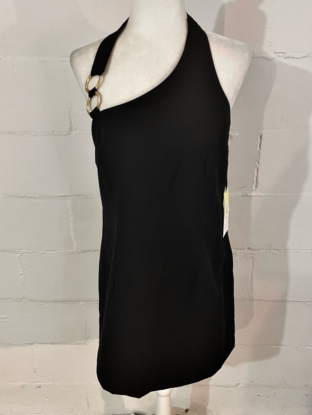 Halter Style Black Mini Dress with Gold Ring Detail